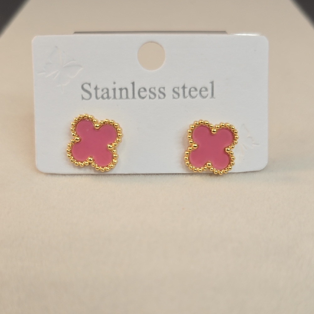 Gold and Pink Stainless Steel Flower Earrings